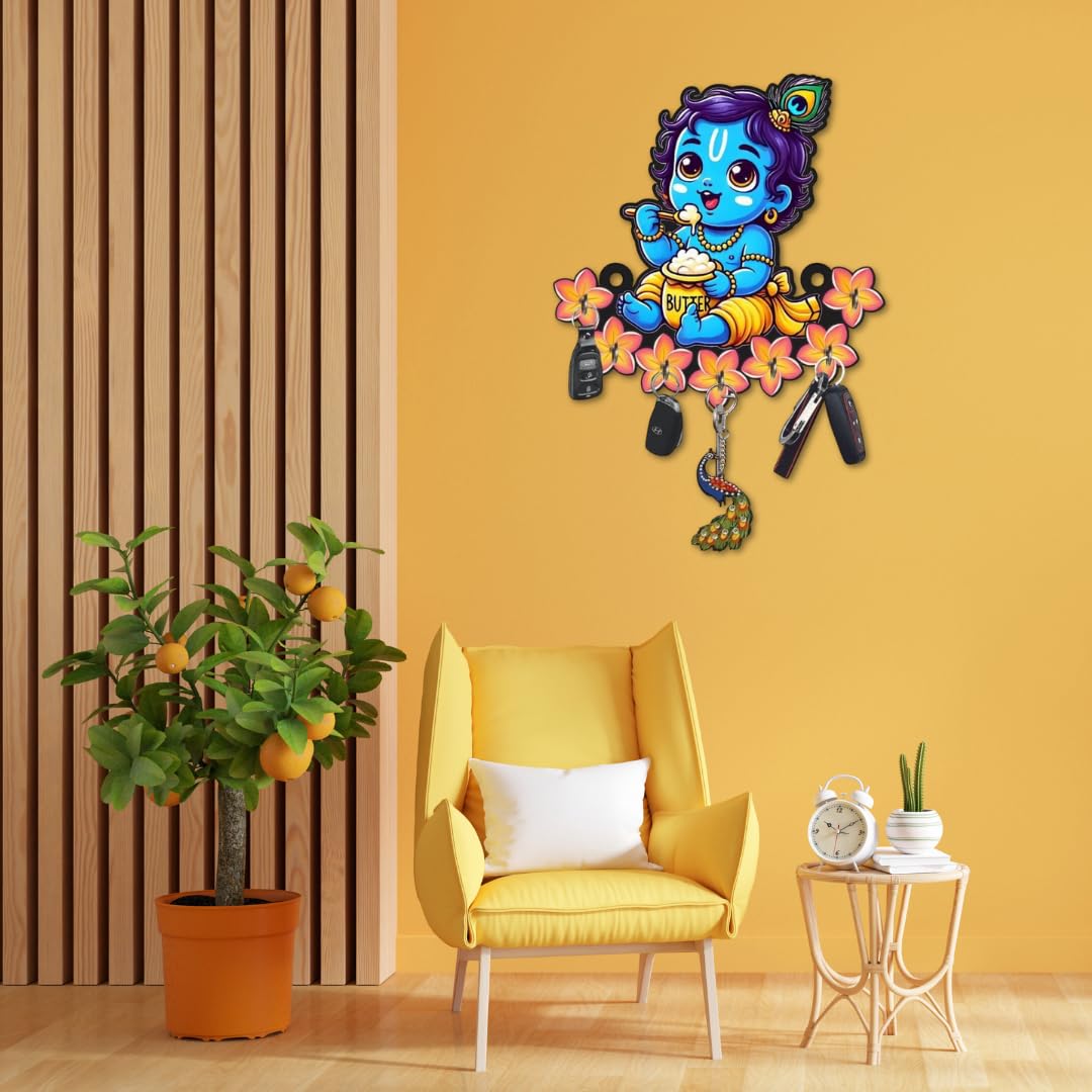 KaaHego Cute Krishna Wall-Mounted Key Holder, Decorative MDF Pine Wood (D-2)