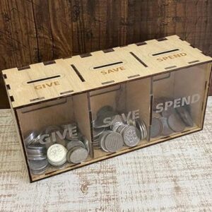 Kaahego Give Save Spend Coin Box - Wooden Piggy Bank with Labels for Smart Money Habits, 21x9.5x7.5cm, Beige.