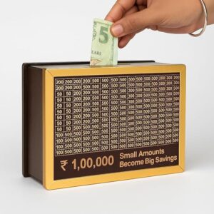 Kaahego Wooden Piggy Bank for Kids & Adults with Carved Design, 1 Lakh Money Bank, Smart Savings Coin Box with Numbers, Mini Money Saver Box with Lock for Home & Gifts