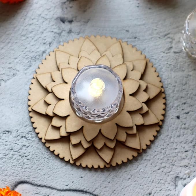 KaaHegoPack of 2 Wooden T Light Candle Holders - T Light Holder for Home Decoration, Diwali Decoration Items for Home Decor, MDF Diwali Cutout, Multiple Designs (4.5 X 4.5 Inch) - Image 4