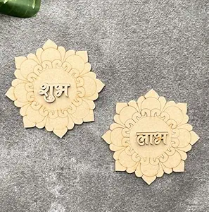 KaaHego 2 Pair Wooden Shubh Labh - Circle Lace Design - 3.5 x 3.5 Inch MDF Cut-Outs for Craft, Door Entrance Hanging, 2-Layered 3mm Thick Pine MDF - Subh Labh for Home Decor and Festivals