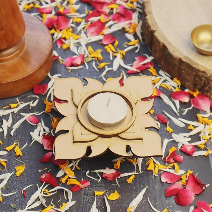 KaaHego Pack of 2 Wooden T Light Candle Holders - T Light Holder for Home Decoration, Diwali Decoration Items for Home Decor, MDF Diwali Cutout, Multiple Designs (5.6 X 5.6 Inch) - Image 3
