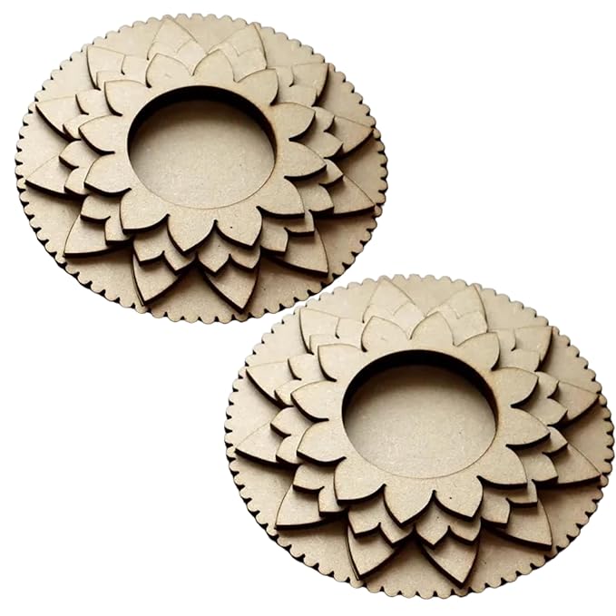 KaaHegoPack of 2 Wooden T Light Candle Holders - T Light Holder for Home Decoration, Diwali Decoration Items for Home Decor, MDF Diwali Cutout, Multiple Designs (4.5 X 4.5 Inch)