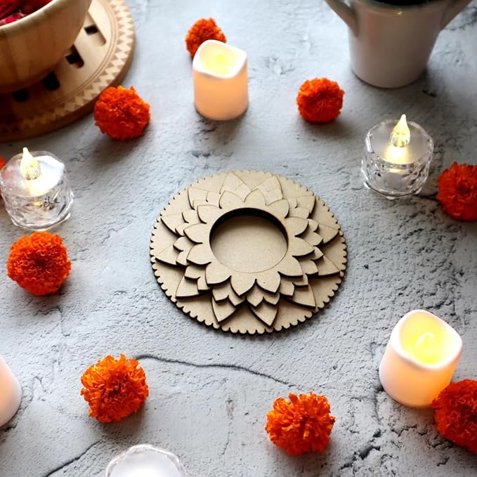 KaaHegoPack of 2 Wooden T Light Candle Holders - T Light Holder for Home Decoration, Diwali Decoration Items for Home Decor, MDF Diwali Cutout, Multiple Designs (4.5 X 4.5 Inch) - Image 3