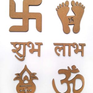 KaaHego MDF Cutouts of Sathiya, Shubh, Labh, Kalash, Om & Laxmicharan for Diwali & Festivals - MDF Cutouts (Medium) for Painting Wooden Sheet Craft, Decoupage, Resin Art Work & Decoration - Set of 6