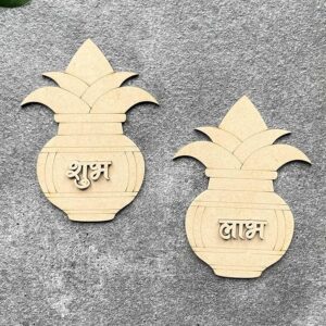 KaaHego 2 Pair Wooden Shubh Labh - Kalash Design - 3.5 x 3 Inch MDF Cut-Outs for Craft, Door Entrance Hanging, 2-Layered 3mm Thick Pine MDF - Subh Labh for Home Decor and Festivals