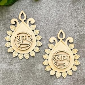 KaaHego 2 Pair Wooden Shubh Labh - Ornamental Jharokha Design - 3.5 Inch MDF Cut-Outs for Craft, Door Entrance Hanging, 2-Layered 3mm Thick Pine MDF - Subh Labh for Home Decor and Festivals