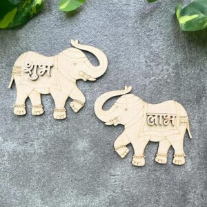 KaaHego 2 Pair Wooden Shubh Labh - Ethnic Elephant Design - 3.75 x 3.75 Inch MDF Cut-Outs for Craft, Door Entrance Hanging, 2-Layered 3mm Thick Pine MDF - Subh Labh for Home Decor and Festivals