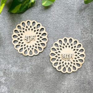 KaaHego 2 Pair Wooden Shubh Labh - Circle Lace Design - 3.5 x 3.5 Inch MDF Cut-Outs for Craft, Door Entrance Hanging, 2-Layered 6mm Thick Pine MDF - Subh Labh for Home Decor and Festivals