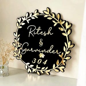 KaaHego Customized Golden Acrylic Name Plate – Elegant Round Design for Home or Office Entrance | Personalized Gift for Home Décor