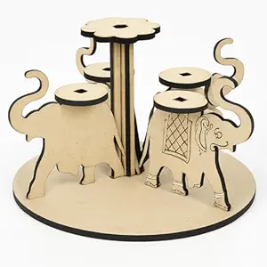KaaHego Wooden Elephant Tea Light Candle Holder | MDF Craft Decorative Stand with 5 LED Diyas & Color Set | Home, Pooja, Diwali & Festive Décor | Laser-Cut Elephant Design
