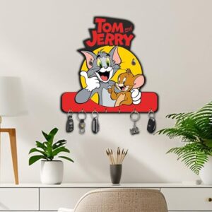 KaaHego Tom and Jerry Design Wooden Key Organizer Wall-Mounted Key Holder for Home Décor, Garage, Entryway, Home Organization, Keychain Hangers for Office, Gift Items (7 Hooks)