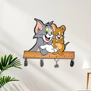 KaaHego Decorative Tom and Jerry Design Wooden Key Organizer Wall-Mounted Key Holder for Home Décor, Garage, Entryway, Home Organization, Keychain Hangers for Office, Gift Items (7 Hooks)