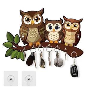 KaaHego Decorative Owl Family Wooden Key Holder for Home Decor Key Hangers Keychain Holder & Key Holder for Wall | No Drilling Required | with 2 Strong Sticker Hooks