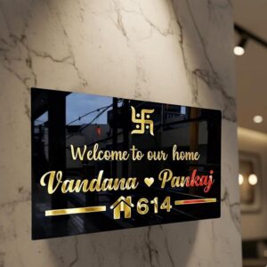 KaaHego Customized Acrylic Name Plate for Home |  Black Gloosy Finish | Welcome Design with Names & House Number | Waterproof Name Board for Main Door, Flat, Office