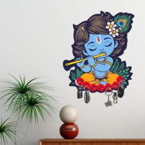 KaaHego Little Krishna Design Wooden Key Organizer Wall-Mounted Key Holder for Home Décor, Garage, Entryway, Home Organization, Keychain Hangers for Office, Gift Items (7 Hooks)