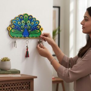 KaaHego Holder for Home Decor Stylish | Key Hangers for Wall | Wooden Key Stand for Wall (7 Hooks, Peacock)