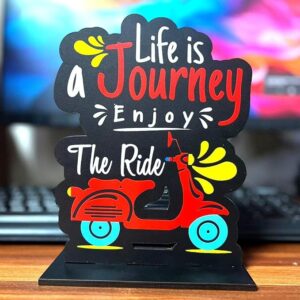 KaaHego Wooden Positive Quote Life is a Journey Enjoy The Ride Idols & Figurine Table Decor Item| Modern Art Showpiece for Office Desk| Study| Book Shelf| Home Decoration and Gift