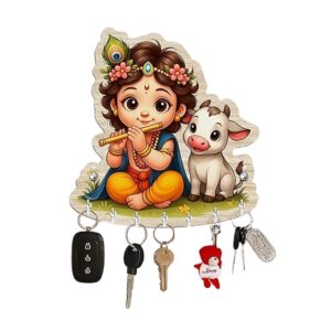 KaaHego Baby Krishna Decorative Wall Mounted Key Holder for Home | Wooden Key Hanger with 7 Hooks | Designer Key Stand for Living Room, Entrance & Office | Home Décor Gift Item (Pink Krishna Key Holder)