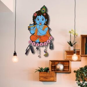 KaaHego Decorative Cute Krishna Playing Flute Key Holder Wall Mount, 7 Hooks, Floral Pattern with Cows, Multicolour