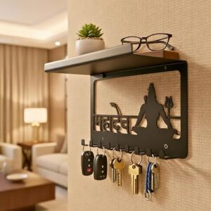 KaaHego Mahadev Key Holder with Shelf & Mobile Stand | 9 Hooks Key Hanger Wall Mount No Drill | Multipurpose Key Rack Organizer for Home Entryway Kitchen | Decorative Wall Shelf