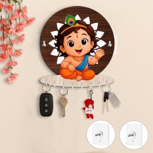 KaaHego Rousrie Baby Krishna Wooden Key Holder for Home Without Drill, Brown, 8 Hooks, Modern Style, No-Drill Wall Mount Design for Home Office (Bal Krishna)