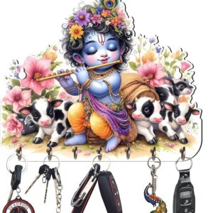 KaaHego Wood Decorative Cute Krishna Playing Flute Key Holder Wall Mount, 7 Hooks, Floral Pattern with Cows, Multicolour
