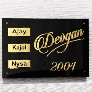 KaaHego Glossy Black Acrylic Gold Letter Name Plate | Personalized Family Door Sign, Modern House Plaque, Waterproof Outdoor Wall & Gate Board
