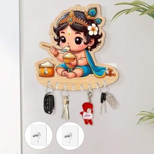 KaaHego  Baby Krishna Key Holder for Home Without Drill for Home Decor Stylish, Brown Wooden, No-Drill Decorative Design, Modern Style,cm, 8 Hooks for Home Office Storage