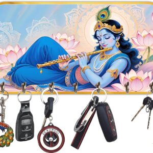 KaaHego Radha Krishna Wooden Wall Mount Key Holder, Rectangular, 8 Hooks, Multi-Colour, Modern Style, 25.7 x 12.7 cm