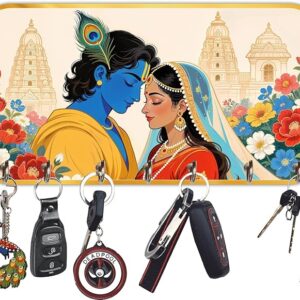 KaaHego Radha Krishna Wooden Wall Mount Key Holder, Multi-Colour, Wood, 25.7 x 12.7 cm, 8 Hooks, Rectangular, Modern Style