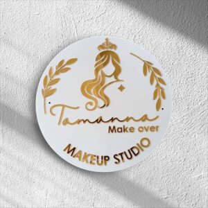 KaaHego Personalized Name Plate for Home Entrance, With Font Plate color Options | Round Sape Name Plate For Home, Office & Outdoor Entrance White & Gold Color, Size 12 * 12 Inches