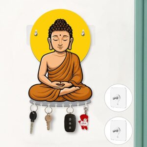 KaaHego Rousrie Baby Krishna Wooden Key Holder for Home Without Drill, Brown, 8 Hooks, Modern Style, No-Drill Wall Mount Design for Home Office (Big Buddha)