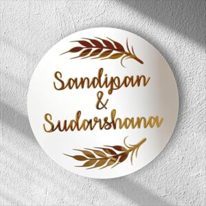 KaaHego Personalized Name Plate for Home Entrance | Round Sape Name Plate For Home, Office & Outdoor Entrance White & Gold Color, Size 12 * 12 Inches