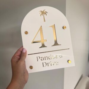KaaHego Arched House Number Sign | Custom Acrylic Address Plaque | Outdoor Letterbox Sign | Coastal Home Address Sign with Palm tree