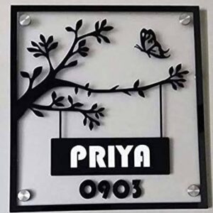 KaaHego Personalized Acrylic Name Plate for Home | 5mm Thickness | Custom Door Name Plate with Floral Design | Waterproof House Entrance Sign for Flat, Bungalow, Villa & Office