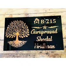 KaaHego Custom Acrylic Name Plate with Mini Plant Holder | Personalized Elegant Black Round Door Name Plate with Golden gloss Acrylic Embossed Laser Cut Letters