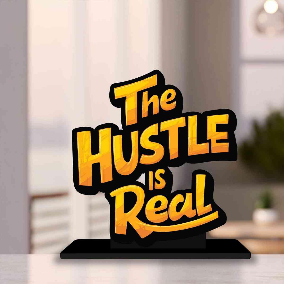 KaaHego Wooden Idols and Figurins The Hustle is Real Wooden Quote Showpieces, Office and Home Decor Item, Side Table Decor, Study/Computer Table, Living Room, Best Gift Item
