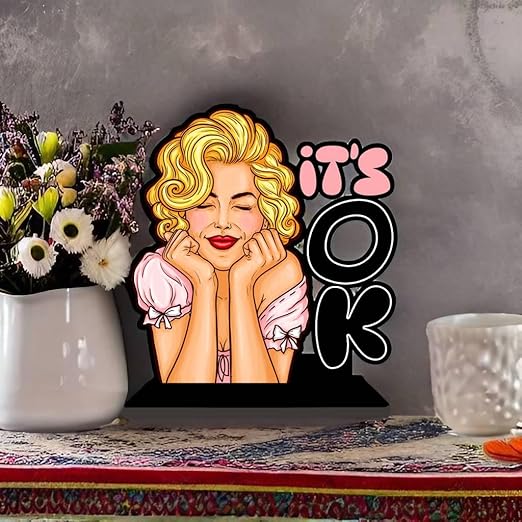 KaaHego Poster n Frames A Lady With It'S Ok Quoted Wooden Showpiece|Home Decoration & Office Decoration|Living Room,Bedroom|Best Gifting Option(6x6Inch,Multicolour)