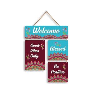 KaaHego Welcome Wall Hanging Decor for Home Entrance, Laser Cut MDF Sign Board with Rope, Decorative Door or Wall Accent | Multicolour