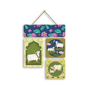KaaHego Cow Wall Hanging Décor | Laser Cut Decorative Panel with Rope | Traditional Wall Art for Living Room, Entrance & | Multicolour