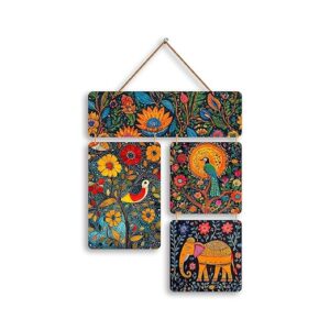 KaaHego Decorative MDF Wooden Wall Hanging with Floral Folk Art, Peacock, Bird & Elephant Design | Laser Cut Wall Decor with Rope| Multicolour