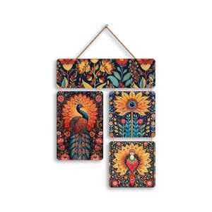 KaaHego Decorative MDF Wooden Wall Hanging with Floral Folk Art, Peacock, Bird & Elephant Design | Laser Cut Wall Decor with Rope| Multicolour
